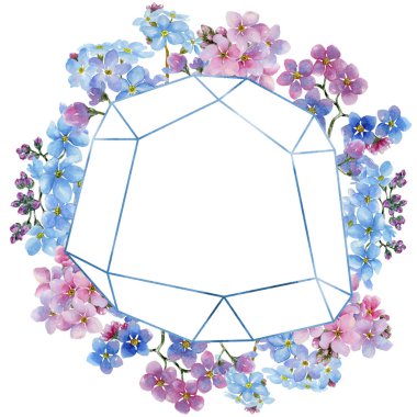 Renkli myosotis. Botanik çiçek. Çerçeve kenarlığı süsleme Meydanı. Arka plan, doku, sarıcı desen, çerçeve veya kenarlık için Aquarelle kır çiçeği.