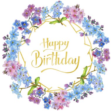 Renkli myosotis. Botanik çiçek. Çerçeve kenarlığı süsleme Meydanı. Arka plan, doku, sarıcı desen, çerçeve veya kenarlık için Aquarelle kır çiçeği.