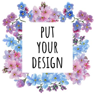 Renkli myosotis. Botanik çiçek. Çerçeve kenarlığı süsleme Meydanı. Arka plan, doku, sarıcı desen, çerçeve veya kenarlık için Aquarelle kır çiçeği.