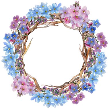 Renkli myosotis. Botanik çiçek. Çerçeve kenarlığı süsleme Meydanı. Arka plan, doku, sarıcı desen, çerçeve veya kenarlık için Aquarelle kır çiçeği.