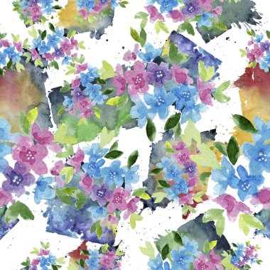 Renkli myosotis. Botanik çiçek. Sorunsuz arka plan deseni. Kumaş duvar kağıdı yazdırma doku. Arka plan, doku, sarıcı desen, çerçeve veya kenarlık için Aquarelle kır çiçeği.