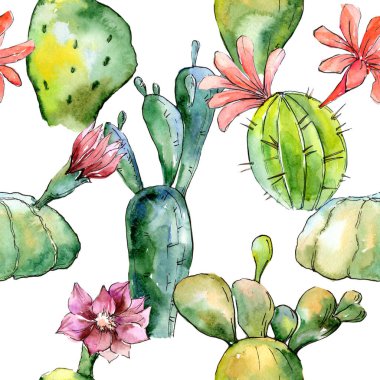 Yeşil tropikal kaktüs. Botanik çiçek. Sorunsuz arka plan deseni. Kumaş duvar kağıdı yazdırma doku. Arka plan, doku, sarıcı desen, çerçeve veya kenarlık için Aquarelle kır çiçeği.