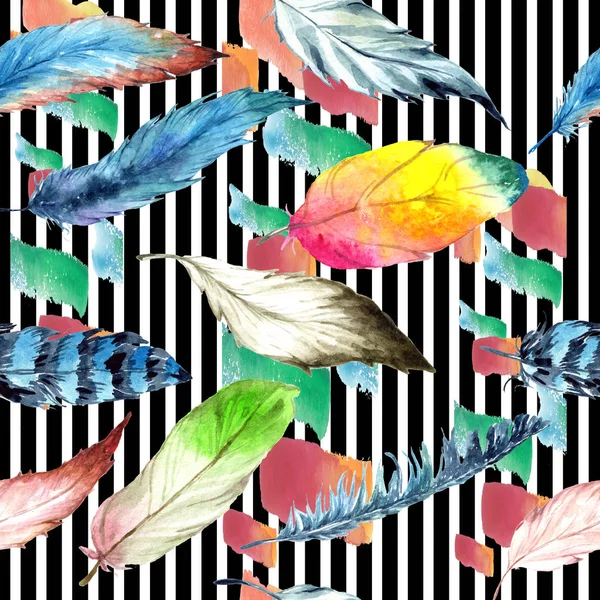 Watercolor bird feather from wing. Seamless background pattern. Fabric wallpaper print texture. Aquarelle feather for background, texture, wrapper pattern, frame or border.