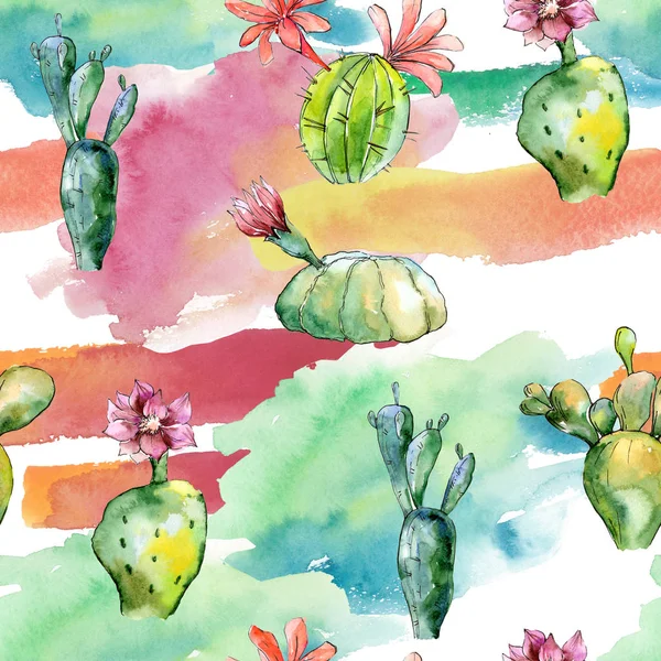 緑の熱帯サボテン 花植物の花 シームレスな背景パターン 壁紙印刷手触りの生地 テクスチャ ラッパー パターン フレームや境界線の Aquarelle ワイルドフラワー — ストック写真