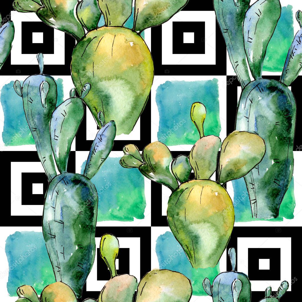 Green tropical cactus. Floral botanical flower. Seamless background pattern. Fabric wallpaper print texture.  Aquarelle wildflower for background, texture, wrapper pattern, frame or border.