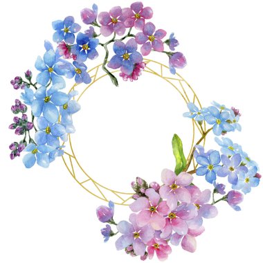 Renkli myosotis. Botanik çiçek. Çerçeve kenarlığı süsleme Meydanı. Arka plan, doku, sarıcı desen, çerçeve veya kenarlık için Aquarelle kır çiçeği.