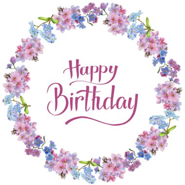 Renkli myosotis. Botanik çiçek. Çerçeve kenarlığı süsleme Meydanı. Arka plan, doku, sarıcı desen, çerçeve veya kenarlık için Aquarelle kır çiçeği.