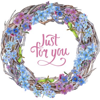 Renkli myosotis. Botanik çiçek. Çerçeve kenarlığı süsleme Meydanı. Arka plan, doku, sarıcı desen, çerçeve veya kenarlık için Aquarelle kır çiçeği.