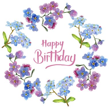 Renkli myosotis. Botanik çiçek. Çerçeve kenarlığı süsleme Meydanı. Arka plan, doku, sarıcı desen, çerçeve veya kenarlık için Aquarelle kır çiçeği.