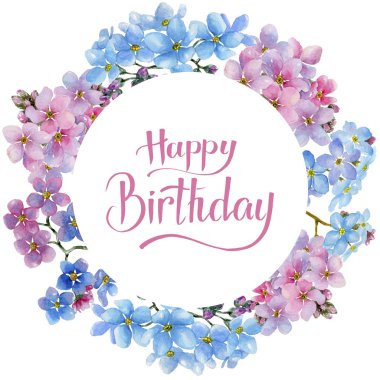 Renkli myosotis. Botanik çiçek. Çerçeve kenarlığı süsleme Meydanı. Arka plan, doku, sarıcı desen, çerçeve veya kenarlık için Aquarelle kır çiçeği.