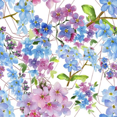 Renkli myosotis. Botanik çiçek. Sorunsuz arka plan deseni. Kumaş duvar kağıdı yazdırma doku. Arka plan, doku, sarıcı desen, çerçeve veya kenarlık için Aquarelle kır çiçeği.