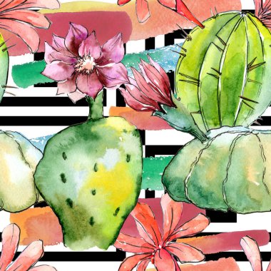 Yeşil tropikal kaktüs. Botanik çiçek. Sorunsuz arka plan deseni. Kumaş duvar kağıdı yazdırma doku. Arka plan, doku, sarıcı desen, çerçeve veya kenarlık için Aquarelle kır çiçeği.