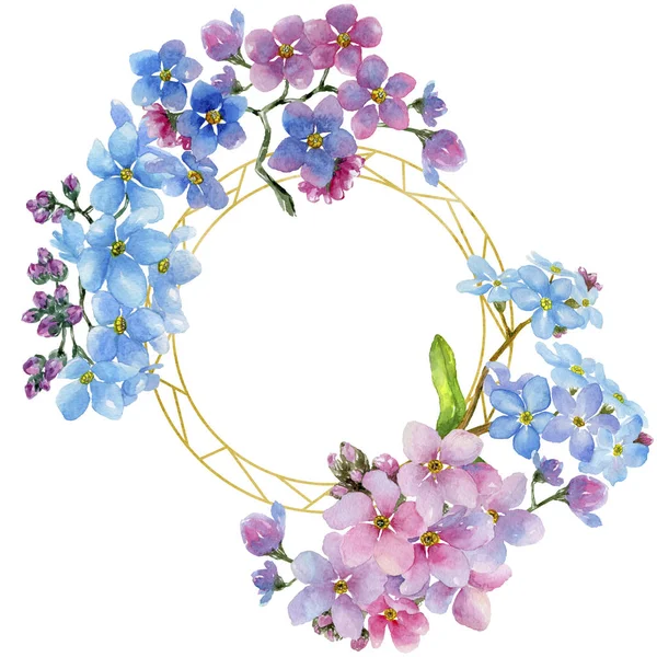 Renkli myosotis. Botanik çiçek. Çerçeve kenarlığı süsleme Meydanı. Arka plan, doku, sarıcı desen, çerçeve veya kenarlık için Aquarelle kır çiçeği.