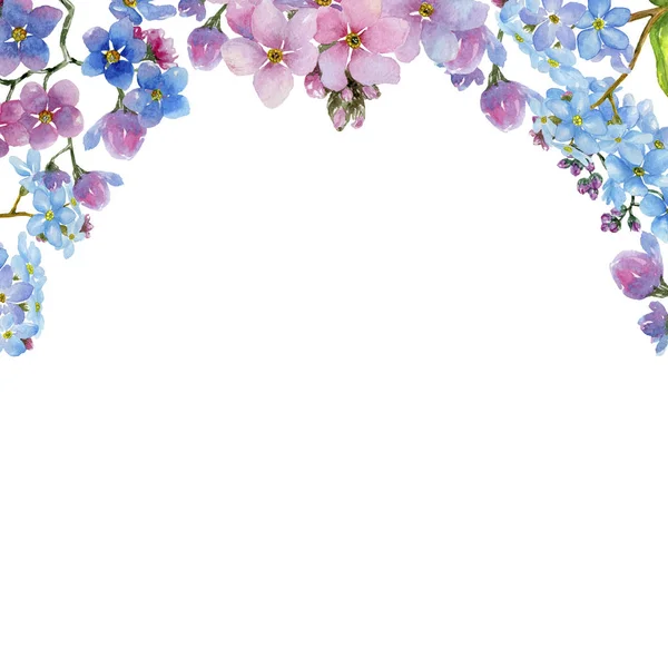Πολύχρωμο Myosotis Floral Βοτανικό Λουλούδι Πλατεία Στολίδι Περίγραμμα Πλαισίου Ακουαρέλα — Φωτογραφία Αρχείου