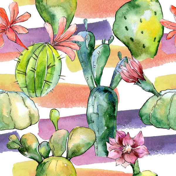 Yeşil tropikal kaktüs. Botanik çiçek. Sorunsuz arka plan deseni. Kumaş duvar kağıdı yazdırma doku. Arka plan, doku, sarıcı desen, çerçeve veya kenarlık için Aquarelle kır çiçeği.