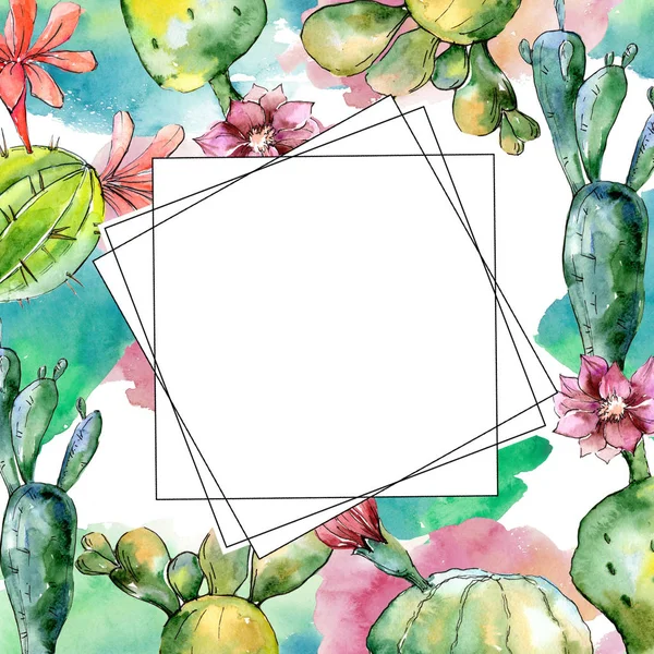 Green Tropical Cactus Floral Botanical Flower Frame Border Ornament Square — Stock Photo, Image