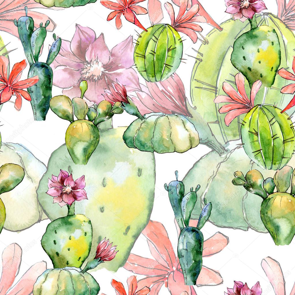 Green tropical cactus. Floral botanical flower. Seamless background pattern. Fabric wallpaper print texture.  Aquarelle wildflower for background, texture, wrapper pattern, frame or border.