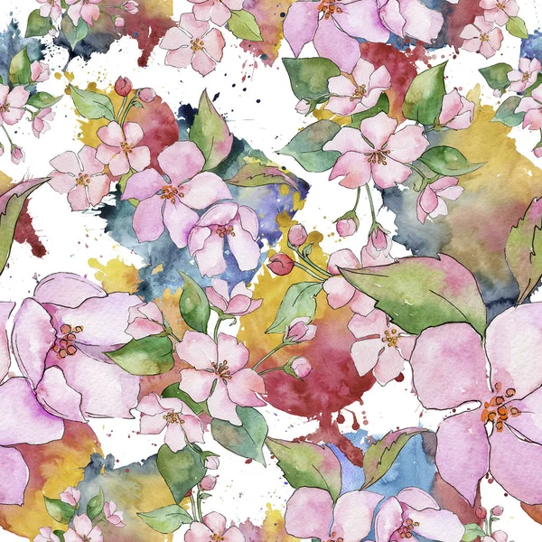 Ροζ κεράσι άνθη. Floral βοτανικό λουλούδι. Απρόσκοπτη υπόβαθρο μοτίβο. — Φωτογραφία Αρχείου