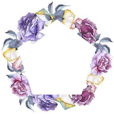 Renkli gül. Botanik çiçek. Çerçeve kenarlığı süsleme Meydanı. Arka plan, doku, sarıcı desen, çerçeve veya kenarlık için Aquarelle kır çiçeği.