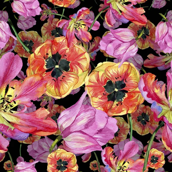Colorido Tulipán Verano Flor Botánica Floral Patrón Fondo Sin Costuras — Foto de Stock