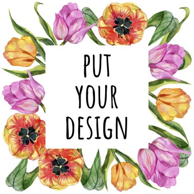 Renkli yaz lale. Botanik çiçek. Çerçeve kenarlığı süsleme Meydanı. Arka plan, doku, sarıcı desen, çerçeve veya kenarlık için Aquarelle kır çiçeği.