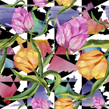 Renkli yaz lale. Botanik çiçek. Sorunsuz arka plan deseni. Kumaş duvar kağıdı yazdırma doku. Arka plan, doku, sarıcı desen, çerçeve veya kenarlık için Aquarelle kır çiçeği.