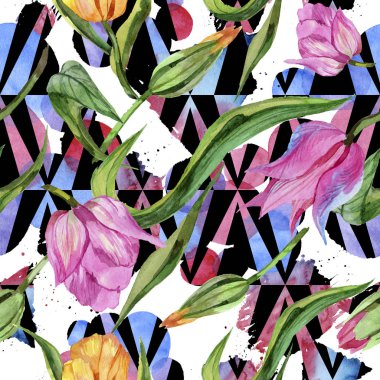 Renkli yaz lale. Botanik çiçek. Sorunsuz arka plan deseni. Kumaş duvar kağıdı yazdırma doku. Arka plan, doku, sarıcı desen, çerçeve veya kenarlık için Aquarelle kır çiçeği.