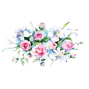 Pembe buket düğün. Botanik çiçek. Vahşi bahar yaprak izole kır çiçeği. Arka plan, doku, sarıcı desen, çerçeve veya kenarlık için Aquarelle kır çiçeği.