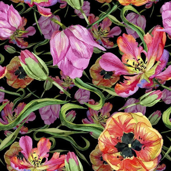 カラフルな夏のチューリップ 花植物の花 シームレスな背景パターン 壁紙印刷手触りの生地 テクスチャ ラッパー パターン フレームや境界線の Aquarelle ワイルドフラワー — ストック写真