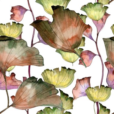 Ginkgo yaprağı. Yaprak bitki botanik bahçe çiçek yaprakları. Sorunsuz arka plan deseni. Kumaş duvar kağıdı yazdırma doku. Aquarelle yaprak için arka plan, doku, sarıcı desen, çerçeve veya kenarlık.