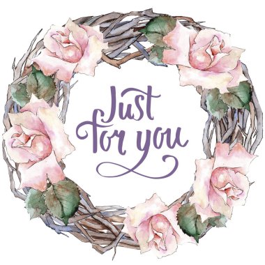 İhale pembe gül. Botanik çiçek. Çerçeve kenarlığı süsleme Meydanı. Arka plan, doku, sarıcı desen, çerçeve veya kenarlık için Aquarelle kır çiçeği.