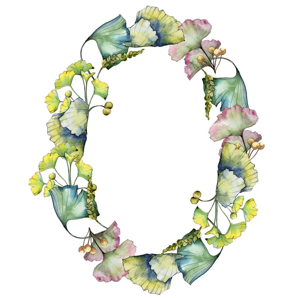 Ginkgo folha verde. Folha planta botânica jardim folhagem floral. Quadro borda ornamento quadrado . — Fotografia de Stock