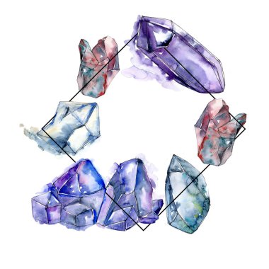 Mavi elmas taş takı mineral. Çerçeve kenarlığı süsleme Meydanı. Geometrik kuvars çokgen kristal taş mozaik şekil Ametist mücevher.