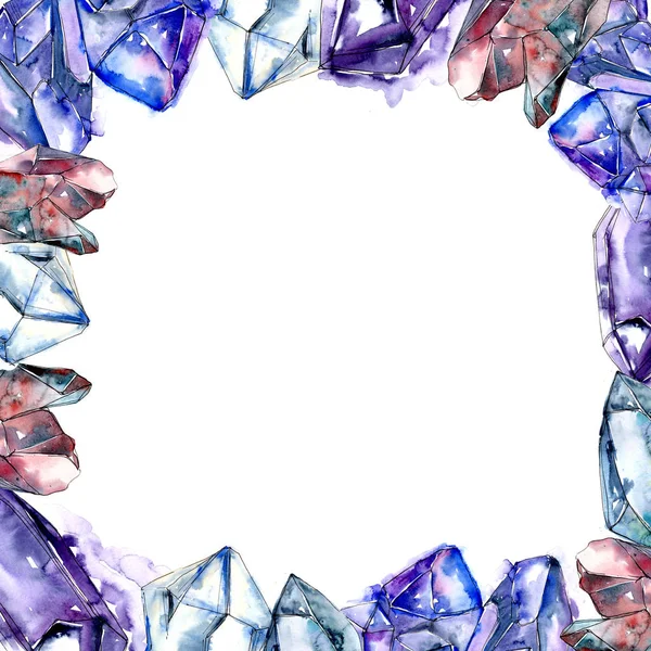 Blue diamond rock jewelry mineral. Frame border ornament square. Geometric quartz polygon crystal stone mosaic shape amethyst gem.
