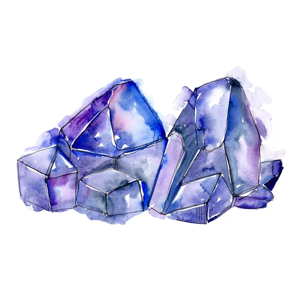 Mavi elmas taş takı mineral. Geometrik kuvars çokgen kristal taş mozaik şekil Ametist mücevher. İzole illüstrasyon öğesi.