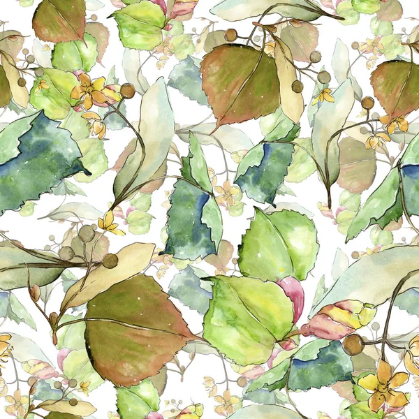 Linden suluboya tarzında bırakır. Sorunsuz arka plan deseni. Kumaş duvar kağıdı yazdırma doku. Aquarelle yaprak için arka plan, doku, sarıcı desen, çerçeve veya kenarlık.