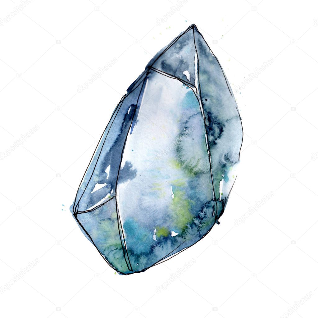 Blue diamond rock jewelry mineral.  Geometric quartz polygon crystal stone mosaic shape amethyst gem. Isolated illustration element.