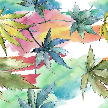 Yeşil esrar bir suluboya tarzında bırakır. Sorunsuz arka plan deseni. Kumaş duvar kağıdı yazdırma doku. Aquarelle yaprak için arka plan, doku, sarıcı desen, çerçeve veya kenarlık.