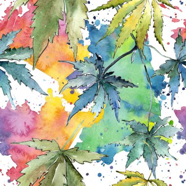 Yeşil esrar bir suluboya tarzında bırakır. Sorunsuz arka plan deseni. Kumaş duvar kağıdı yazdırma doku. Aquarelle yaprak için arka plan, doku, sarıcı desen, çerçeve veya kenarlık.