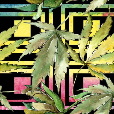 Yeşil esrar bir suluboya tarzında bırakır. Sorunsuz arka plan deseni. Kumaş duvar kağıdı yazdırma doku. Aquarelle yaprak için arka plan, doku, sarıcı desen, çerçeve veya kenarlık.