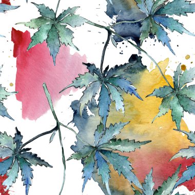 Yeşil esrar bir suluboya tarzında bırakır. Sorunsuz arka plan deseni. Kumaş duvar kağıdı yazdırma doku. Aquarelle yaprak için arka plan, doku, sarıcı desen, çerçeve veya kenarlık.