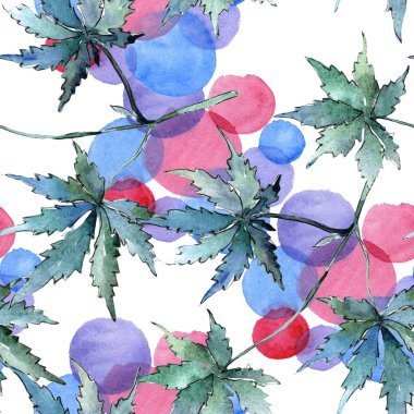 Yeşil esrar bir suluboya tarzında bırakır. Sorunsuz arka plan deseni. Kumaş duvar kağıdı yazdırma doku. Aquarelle yaprak için arka plan, doku, sarıcı desen, çerçeve veya kenarlık.