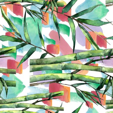 Bambu bir suluboya tarzında bırakır. Sorunsuz arka plan deseni. Kumaş duvar kağıdı yazdırma doku. Aquarelle yaprak için arka plan, doku, sarıcı desen, çerçeve veya kenarlık.
