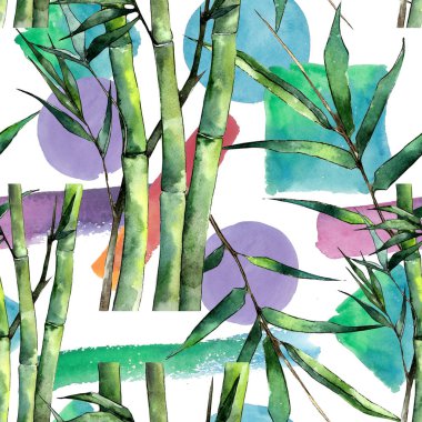 Bambu bir suluboya tarzında bırakır. Sorunsuz arka plan deseni. Kumaş duvar kağıdı yazdırma doku. Aquarelle yaprak için arka plan, doku, sarıcı desen, çerçeve veya kenarlık.