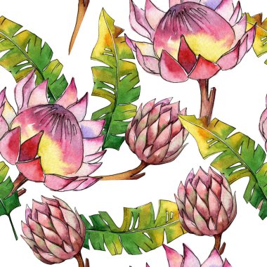 Renkli tropikal bitki. Botanik çiçek. Sorunsuz arka plan deseni. Kumaş duvar kağıdı yazdırma doku. Arka plan, doku, sarıcı desen, çerçeve veya kenarlık için Aquarelle kır çiçeği.