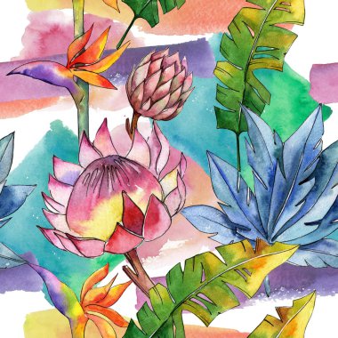 Renkli tropikal bitki. Botanik çiçek. Sorunsuz arka plan deseni. Kumaş duvar kağıdı yazdırma doku. Arka plan, doku, sarıcı desen, çerçeve veya kenarlık için Aquarelle kır çiçeği.