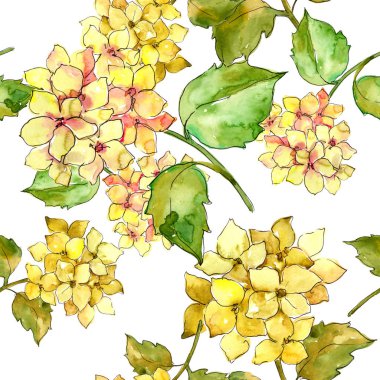 Renkli ortanca çiçek suluboya tarzında. Sorunsuz arka plan deseni. Bitki tam adı: ortanca. Arka plan, doku, sarıcı desen, çerçeve veya kenarlık için Aquarelle kır çiçeği.