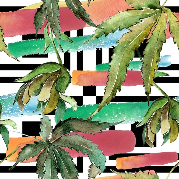 Yeşil esrar bir suluboya tarzında bırakır. Sorunsuz arka plan deseni. Kumaş duvar kağıdı yazdırma doku. Aquarelle yaprak için arka plan, doku, sarıcı desen, çerçeve veya kenarlık.