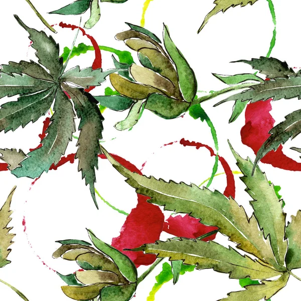 Yeşil esrar bir suluboya tarzında bırakır. Sorunsuz arka plan deseni. Kumaş duvar kağıdı yazdırma doku. Aquarelle yaprak için arka plan, doku, sarıcı desen, çerçeve veya kenarlık.