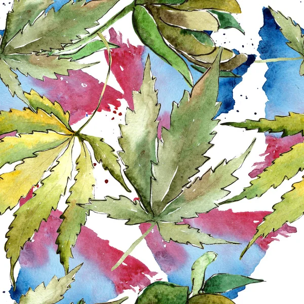 Cannabis Verde Sai Estilo Aquarela Padrão Fundo Sem Costura Tecido — Fotografia de Stock